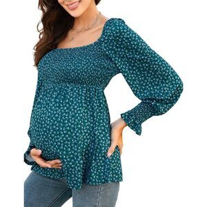 Maternity Square Neck Puff Sleeve Smocked Tunic Top - Green Floral XXL